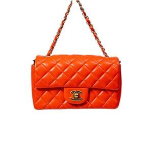 Chanel Leather Quilted Interlocking CC Classic Flap Small Shoulder Bag Coral